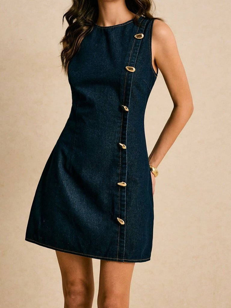 Dark Wash Casual Women's Sleeveless Button-Front Short Dress With Fitted Waist